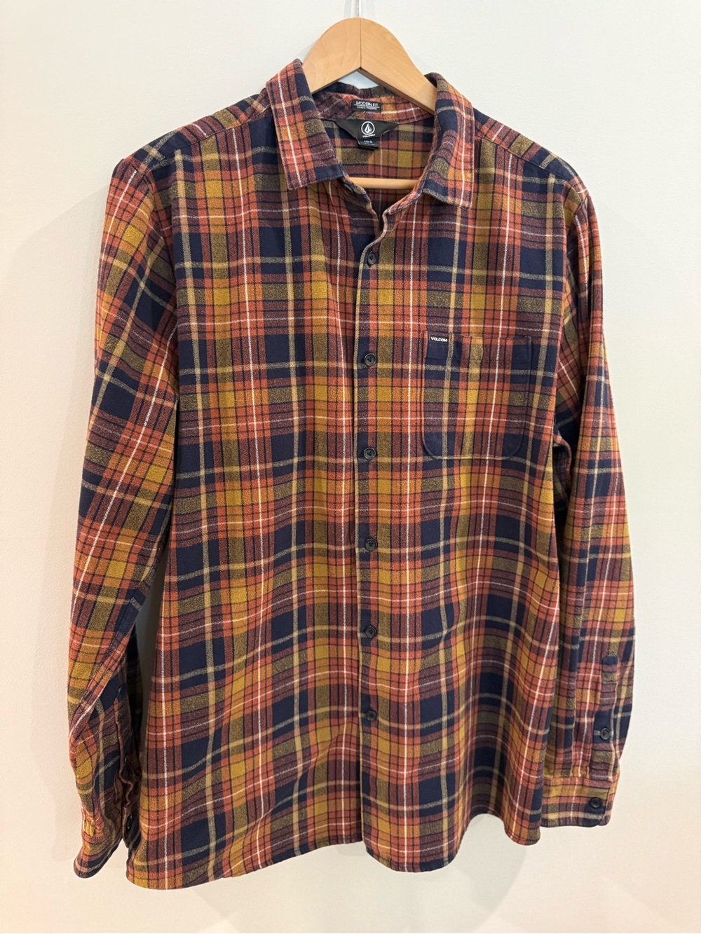 Volcom Plaid Flannel Shirt Men’s XL Orange Navy Yellow Skate Surf Grunge